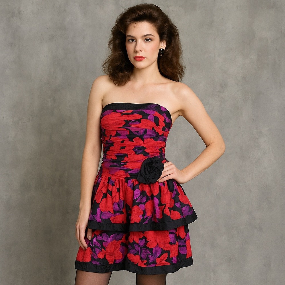 Vintage‎ 80s A.J. Bari Silk Strapless Cocktail Party Dress Floral Prom Formal